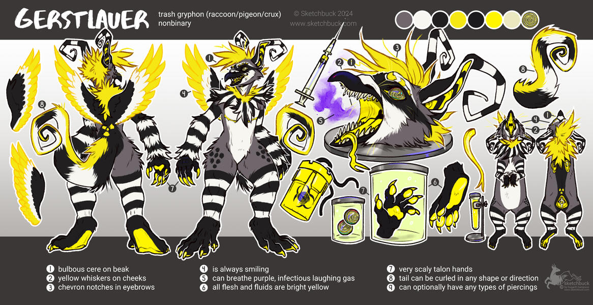 Scientific reference sheet for Gerstlauer, a 'trash gryphon'. They are grey with white and black markings, and bright yellow accents. The sheet features a front and back pose, a head on a plate, parts in jars, and hanging pelts.