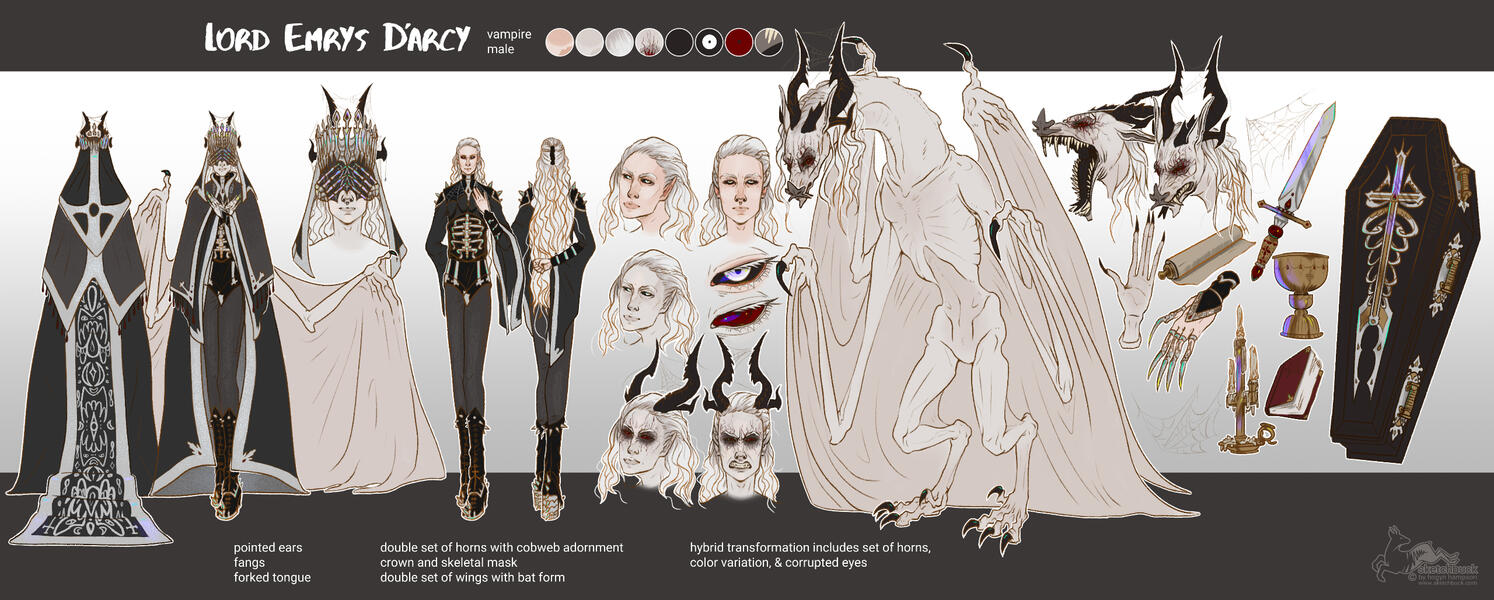 A reference sheet of a vampire. He has pale skin and white hair. His monster form is a dragon-like bat creature with dark horns.