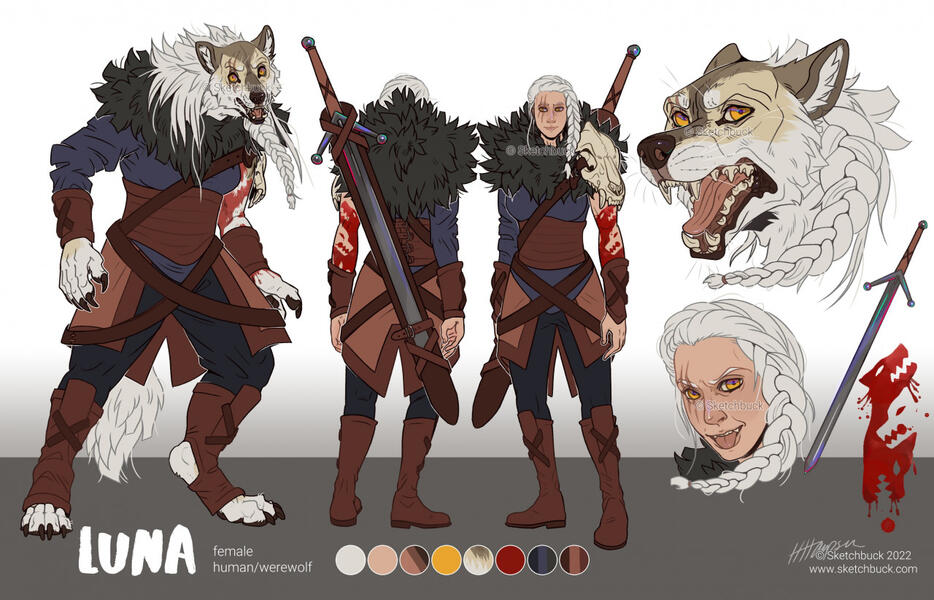 A white women with white hair, golden eyes and claw scars over her right eye. Her werewolf form is mainly white with blonde and sand colour markings.