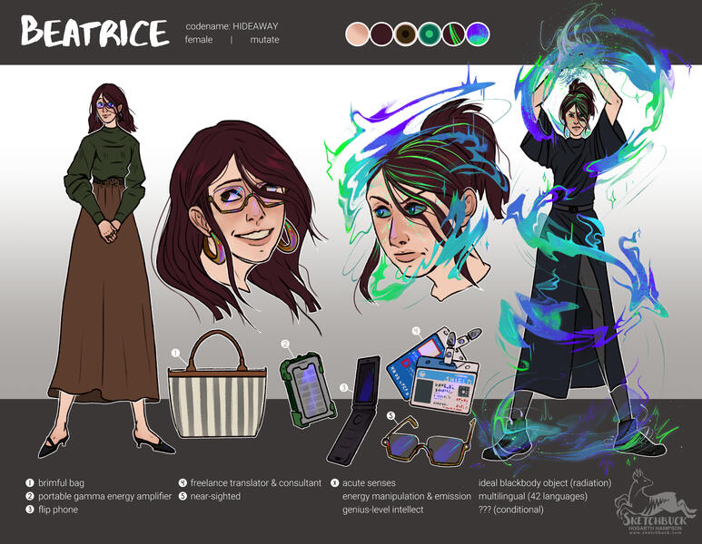 A reference sheet of a woman with pale skin and dark plum hair. The sheet shows her civilian clothing and face, and alternative 'super hero' form with whisping energy radiating from her body.