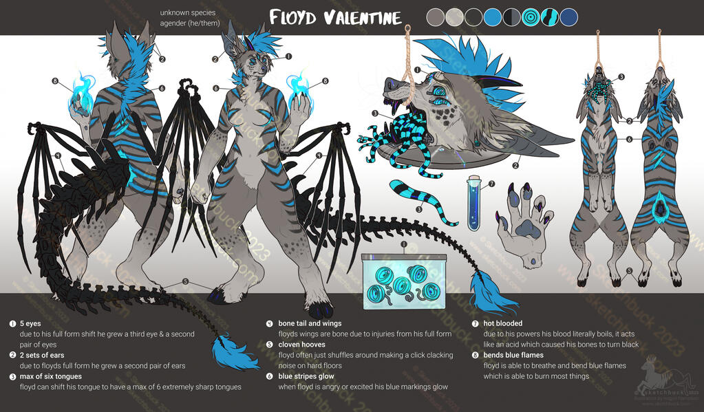 A grey anthro character with long muzzle, multiple blue striped tongues, blue and black stipes, and skeleton wings and tail. The reference sheet is in the style of scientific research, with head on a plate, body parts, and hanging pelts.