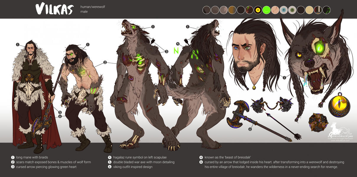 Vilkas' reference sheet, featuring both his human form and werewolf form. Starting from the left is his human form, he has light skin and dark brown hair and a beard. He is wearing a wolfskin shawl over a red cloak with leather armour. Around his belt is m