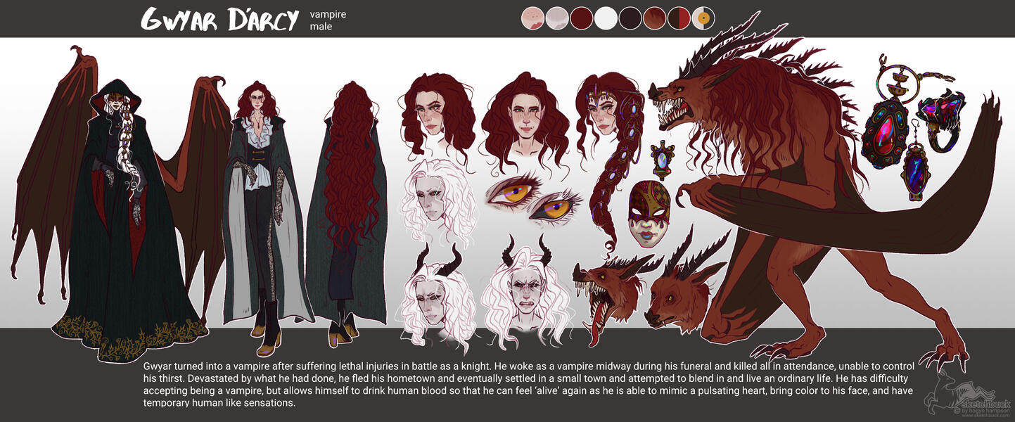 A reference sheet for a vampire character with pale skin and red, curly hair. His monster form is a huge beast-bat with red fur and black wings.