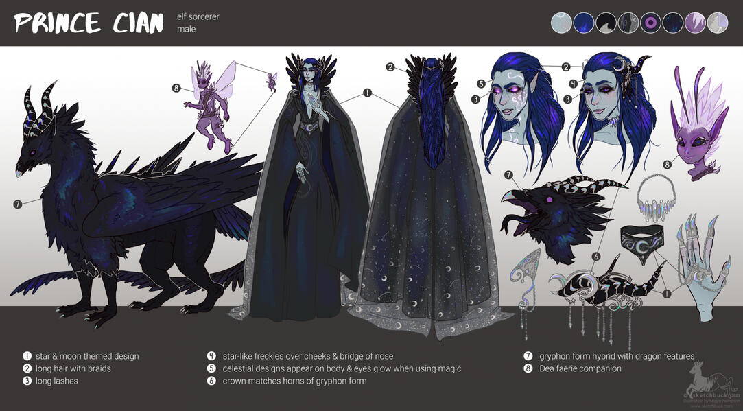 Reference sheet of an elf sorcerer, he has midnight blue hair with pale teal flesh. He wears long draping clothing and a sparkling cape covered in stars and moons. To the left is a fullbody illustration of his black gryphon form with curved horns, and spik