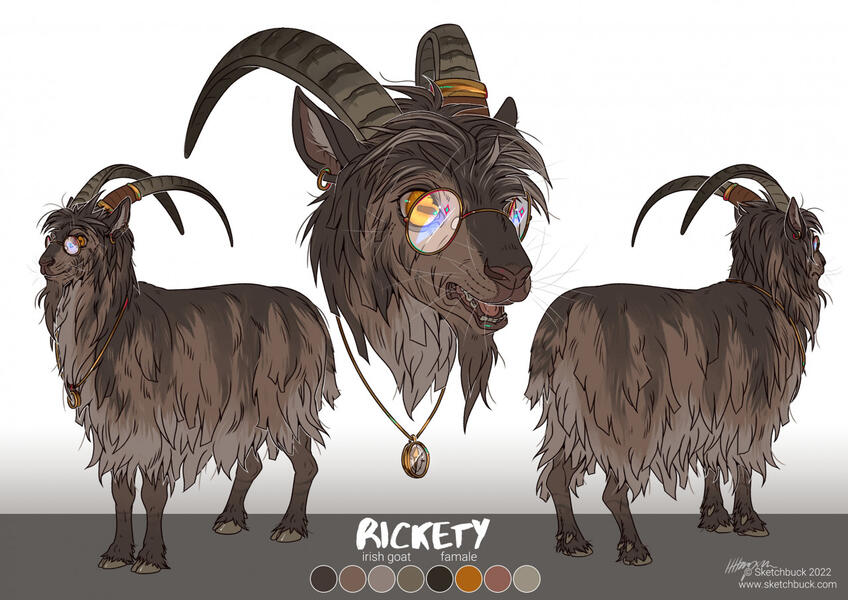 A brown irish goat with brindle markings. She has long curved horns, a sheath on her left horn. She wears large round glasses, & a golden compass around her neck. Front, back view & headshot.