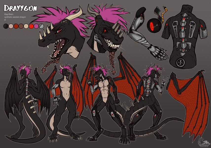 A detailed character reference of a black dragon with cybernetic prosthetics. They have a slim but muscular build with large red wings, pink mohawk, and horns on their nose and head. Reference sheet shows two forms, one being biological and the other synth